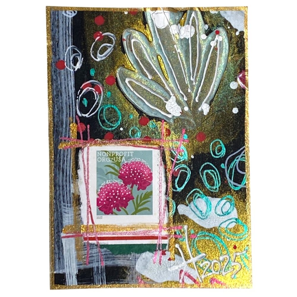 ACEO Original Art Acrylic Collage Mixed Media 3D 2022 USA Postage Stamp ATC